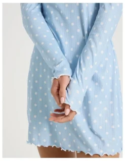 Chloe & Lola Lola Fluted Pointelle Long Sleeve Chemise in Sky Blue Spot Print