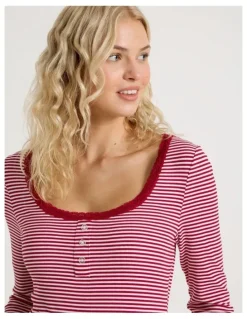 Chloe & Lola Lola Fluted Rib Long Sleeve Chemise in Chilli Red Y/D Stripe