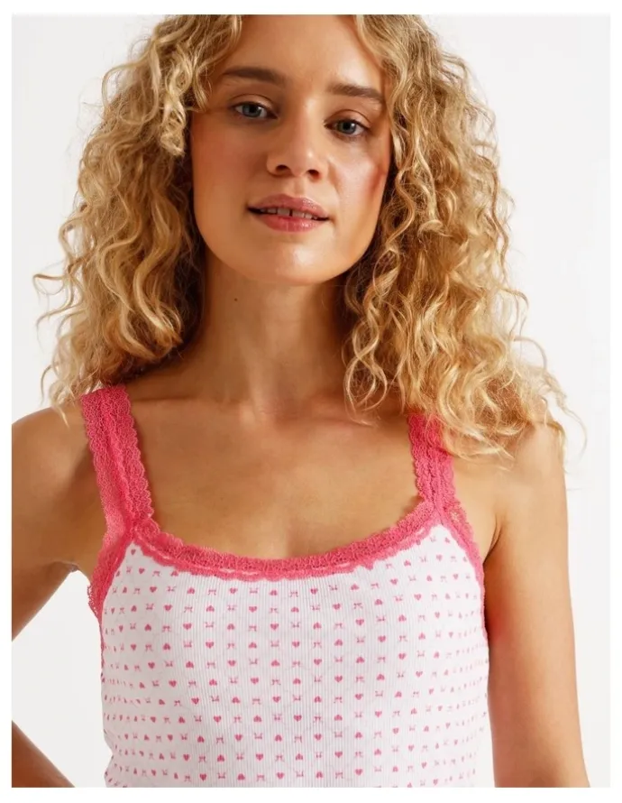 Chloe & Lola Lola Lace Trim Rib Chemise in Heart & Bows Print