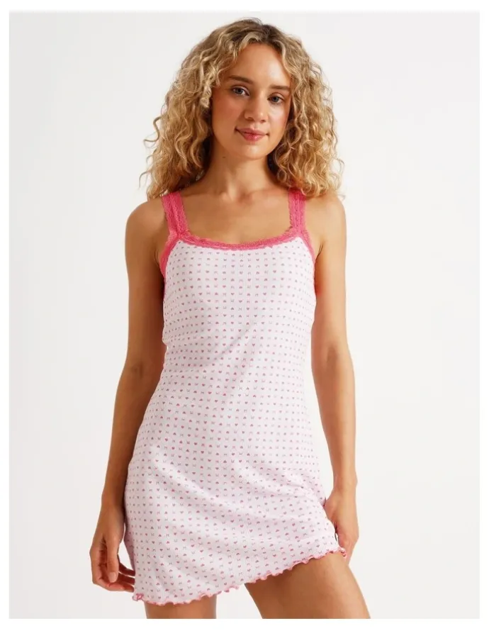 Chloe & Lola Lola Lace Trim Rib Chemise in Heart & Bows Print