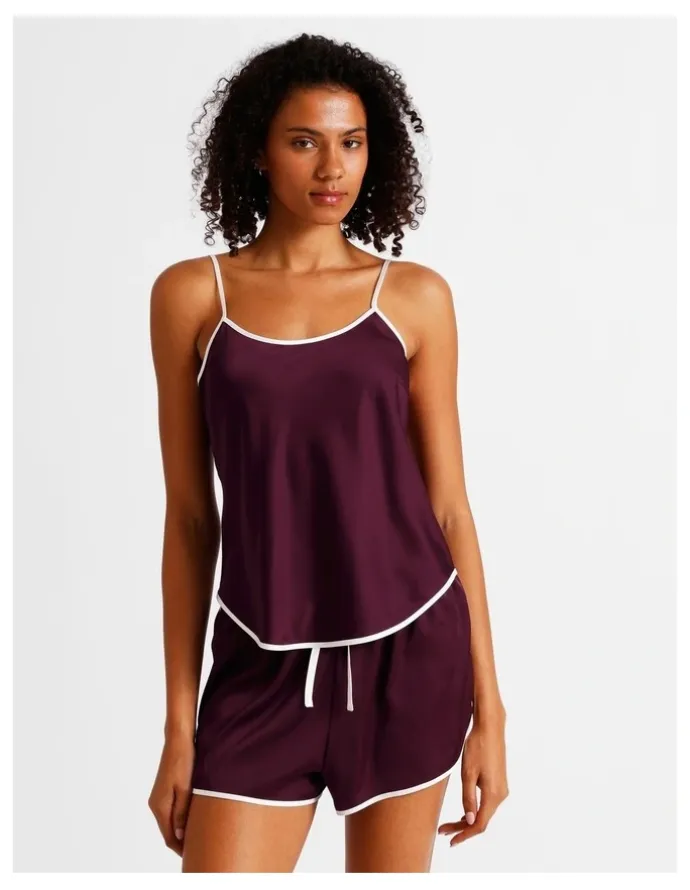 Chloe & Lola Luxe Satin Binding Cami Boxer Set in Plum