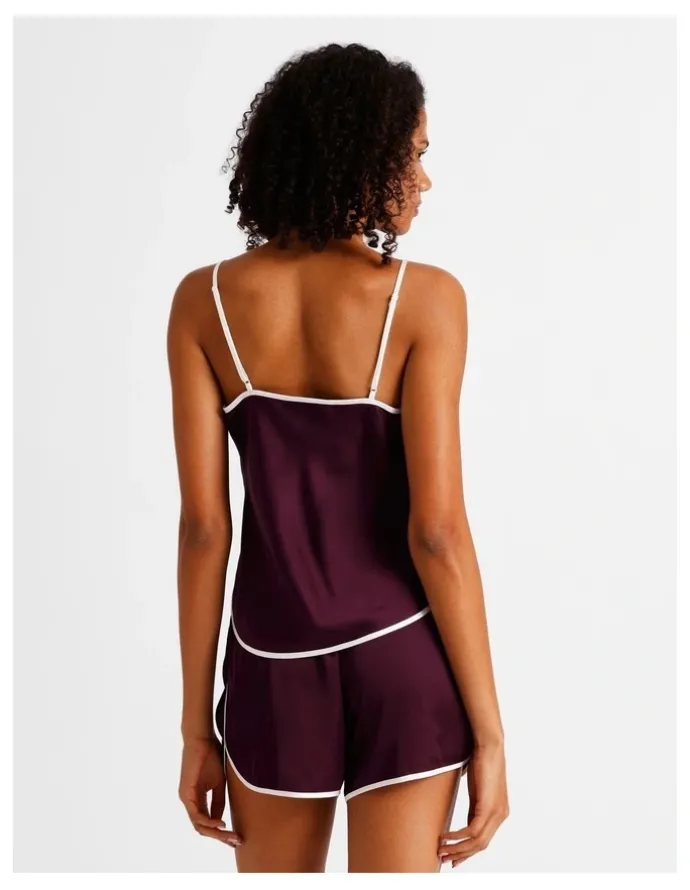 Chloe & Lola Luxe Satin Binding Cami Boxer Set in Plum