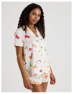 Chloe & Lola Luxe Satin Binding Short Sleeve Short PJ Set in Summer Fruit Print