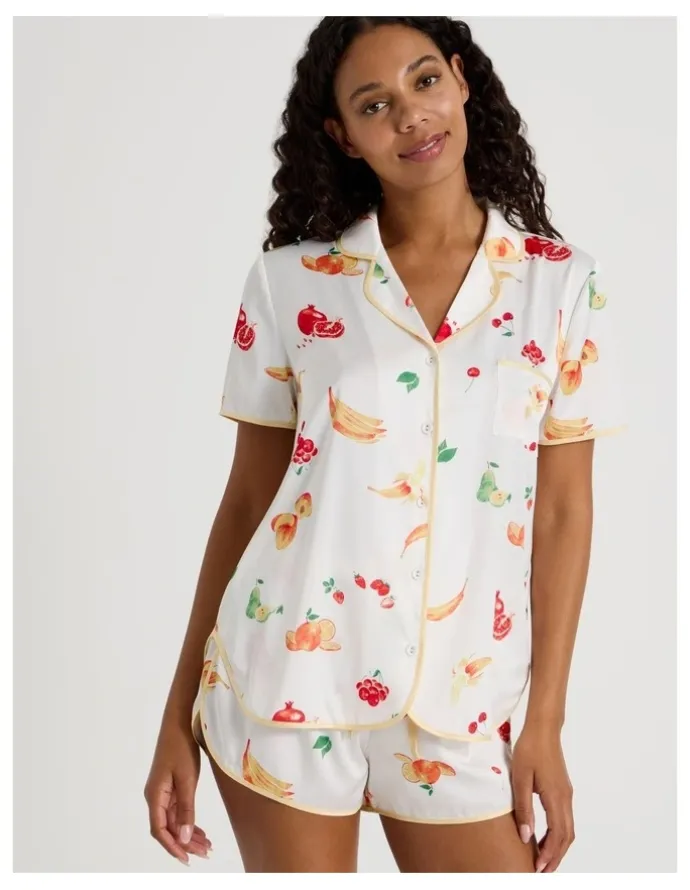 Chloe & Lola Luxe Satin Binding Short Sleeve Short PJ Set in Summer Fruit Print
