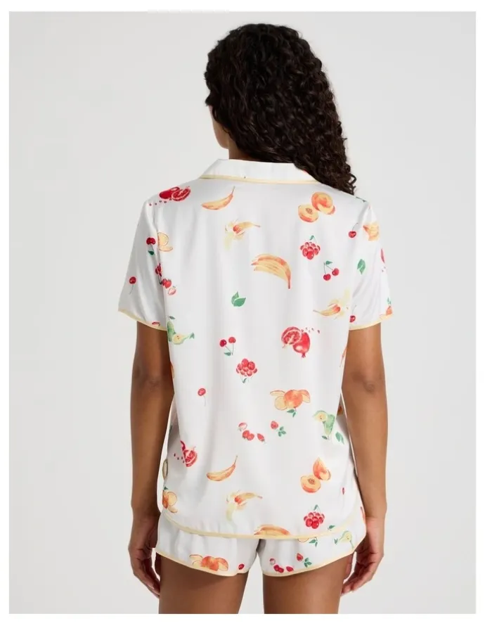 Chloe & Lola Luxe Satin Binding Short Sleeve Short PJ Set in Summer Fruit Print