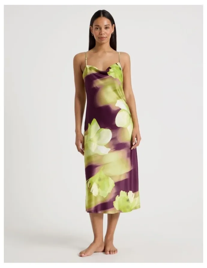 Chloe & Lola Luxe Satin Cowl Neck Long Chemise in Berry Floral Print