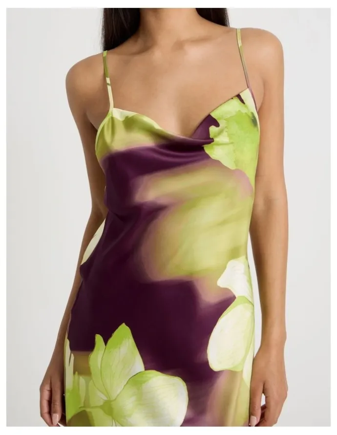 Chloe & Lola Luxe Satin Cowl Neck Long Chemise in Berry Floral Print