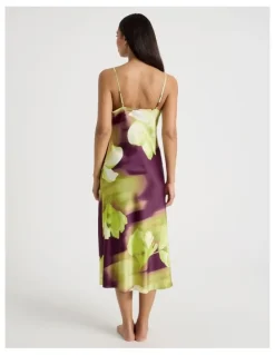 Chloe & Lola Luxe Satin Cowl Neck Long Chemise in Berry Floral Print