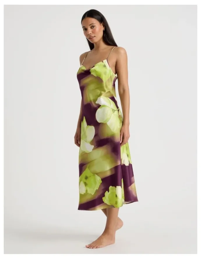 Chloe & Lola Luxe Satin Cowl Neck Long Chemise in Berry Floral Print