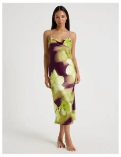 Chloe & Lola Luxe Satin Cowl Neck Long Chemise in Berry Floral Print