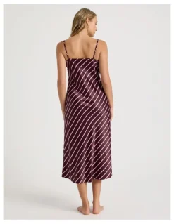 Chloe & Lola Luxe Satin Cowl Neck Long Chemise in Raisin & Pink Stripe Print