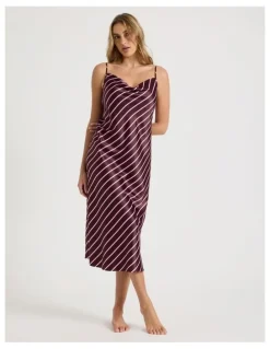 Chloe & Lola Luxe Satin Cowl Neck Long Chemise in Raisin & Pink Stripe Print