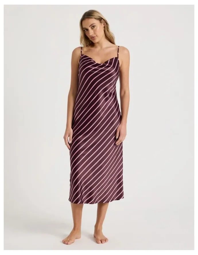 Chloe & Lola Luxe Satin Cowl Neck Long Chemise in Raisin & Pink Stripe Print