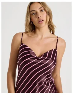 Chloe & Lola Luxe Satin Cowl Neck Long Chemise in Raisin & Pink Stripe Print