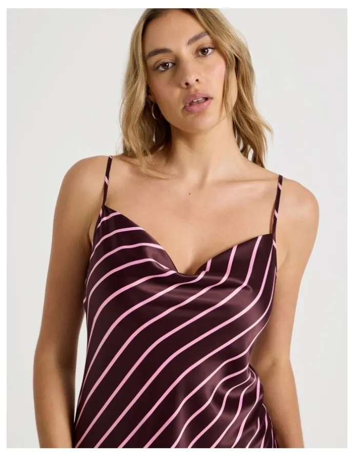 Chloe & Lola Luxe Satin Cowl Neck Long Chemise in Raisin & Pink Stripe Print