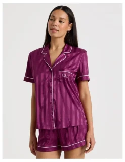 Chloe & Lola Luxe Satin Jacquard Stripe Short Sleeve Pyjamas in Berry Jacquard Stripe