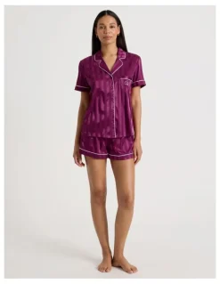 Chloe & Lola Luxe Satin Jacquard Stripe Short Sleeve Pyjamas in Berry Jacquard Stripe