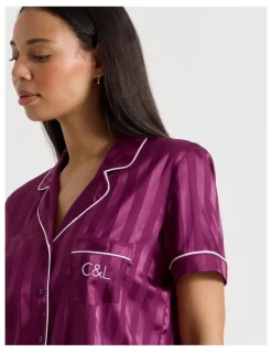 Chloe & Lola Luxe Satin Jacquard Stripe Short Sleeve Pyjamas in Berry Jacquard Stripe