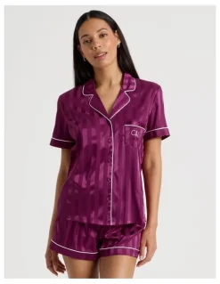 Chloe & Lola Luxe Satin Jacquard Stripe Short Sleeve Pyjamas in Berry Jacquard Stripe