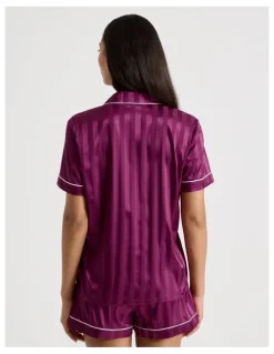 Chloe & Lola Luxe Satin Jacquard Stripe Short Sleeve Pyjamas in Berry Jacquard Stripe