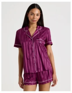 Chloe & Lola Luxe Satin Jacquard Stripe Short Sleeve Pyjamas in Berry Jacquard Stripe