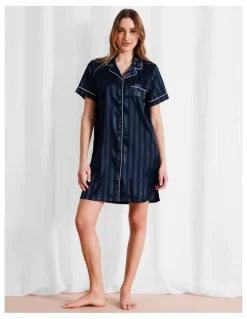 Chloe & Lola Luxe Satin Jacquard Stripe Short Sleeve Nightie in Navy Jacquard