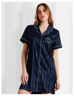 Chloe & Lola Luxe Satin Jacquard Stripe Short Sleeve Nightie in Navy Jacquard