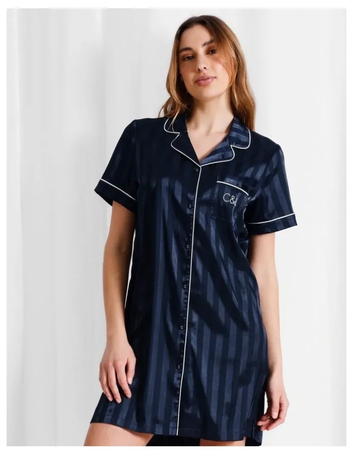 Chloe & Lola Luxe Satin Jacquard Stripe Short Sleeve Nightie in Navy Jacquard
