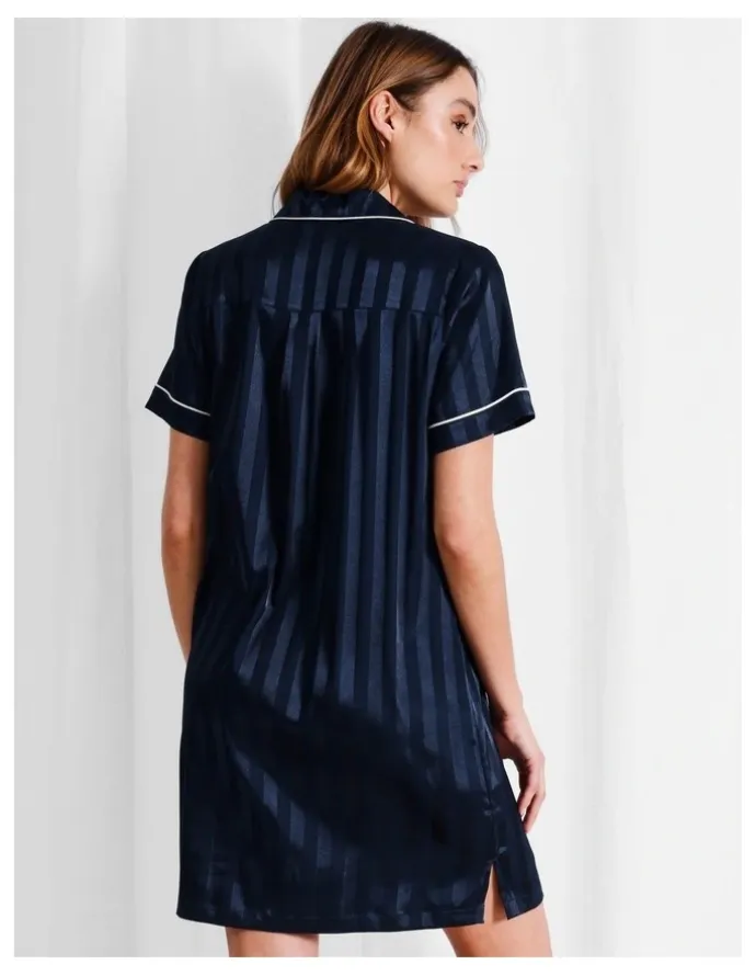Chloe & Lola Luxe Satin Jacquard Stripe Short Sleeve Nightie in Navy Jacquard