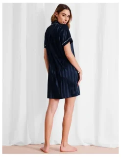 Chloe & Lola Luxe Satin Jacquard Stripe Short Sleeve Nightie in Navy Jacquard