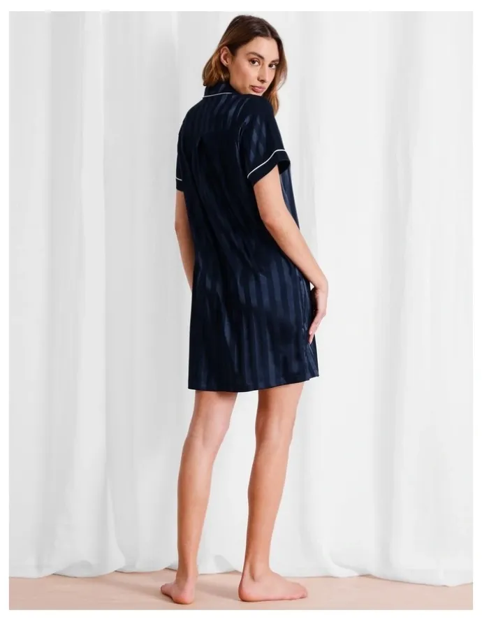 Chloe & Lola Luxe Satin Jacquard Stripe Short Sleeve Nightie in Navy Jacquard