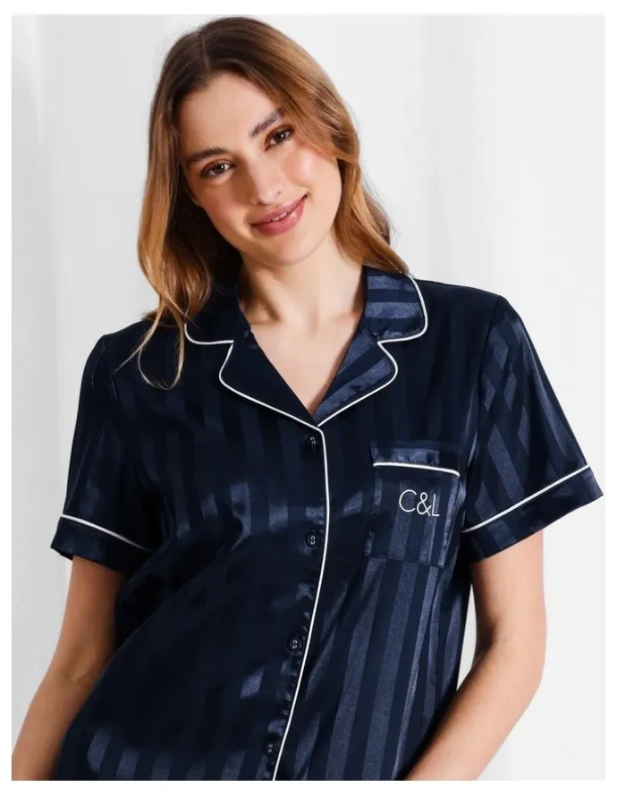 Chloe & Lola Luxe Satin Jacquard Stripe Short Sleeve Nightie in Navy Jacquard