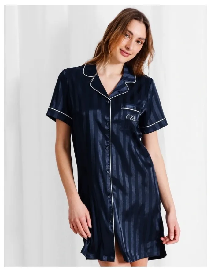 Chloe & Lola Luxe Satin Jacquard Stripe Short Sleeve Nightie in Navy Jacquard