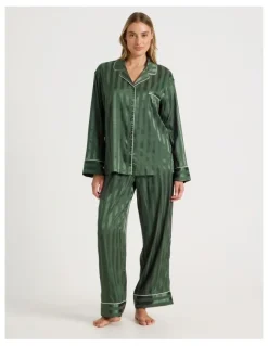 Chloe & Lola Luxe Satin Jacquard Stripe Long Sleeve Long PJ Set in Olive Jacquard