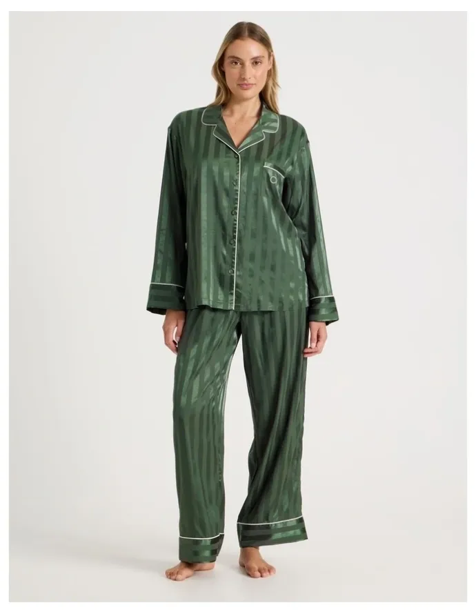 Chloe & Lola Luxe Satin Jacquard Stripe Long Sleeve Long PJ Set in Olive Jacquard