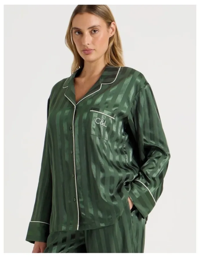 Chloe & Lola Luxe Satin Jacquard Stripe Long Sleeve Long PJ Set in Olive Jacquard