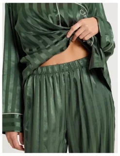 Chloe & Lola Luxe Satin Jacquard Stripe Long Sleeve Long PJ Set in Olive Jacquard
