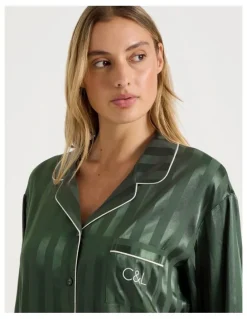 Chloe & Lola Luxe Satin Jacquard Stripe Long Sleeve Long PJ Set in Olive Jacquard