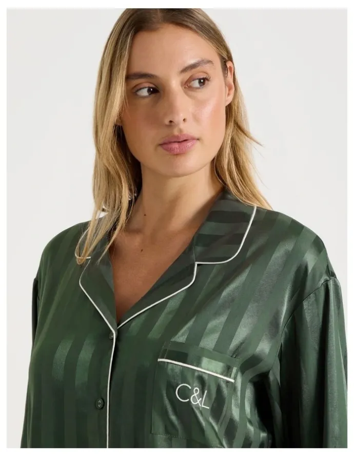 Chloe & Lola Luxe Satin Jacquard Stripe Long Sleeve Long PJ Set in Olive Jacquard