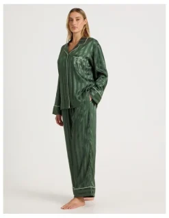 Chloe & Lola Luxe Satin Jacquard Stripe Long Sleeve Long PJ Set in Olive Jacquard