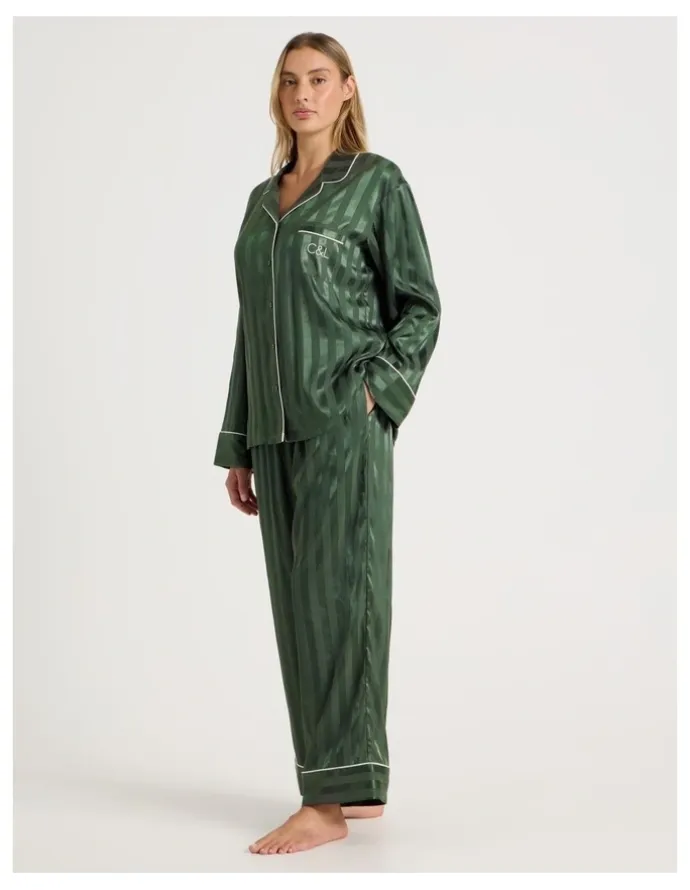 Chloe & Lola Luxe Satin Jacquard Stripe Long Sleeve Long PJ Set in Olive Jacquard