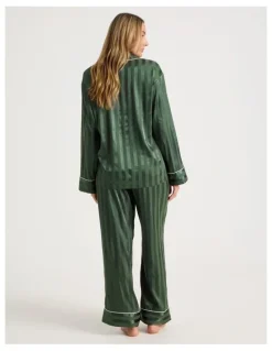Chloe & Lola Luxe Satin Jacquard Stripe Long Sleeve Long PJ Set in Olive Jacquard