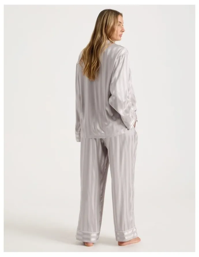 Chloe & Lola Luxe Satin Jacquard Stripe Long Sleeve Long PJ Set in Oyster