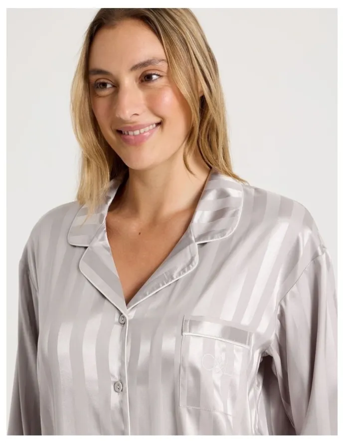 Chloe & Lola Luxe Satin Jacquard Stripe Long Sleeve Long PJ Set in Oyster