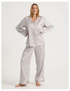 Chloe & Lola Luxe Satin Jacquard Stripe Long Sleeve Long PJ Set in Oyster