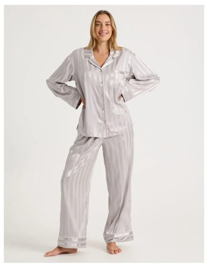 Chloe & Lola Luxe Satin Jacquard Stripe Long Sleeve Long PJ Set in Oyster