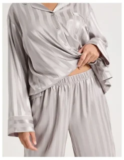 Chloe & Lola Luxe Satin Jacquard Stripe Long Sleeve Long PJ Set in Oyster