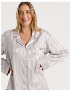 Chloe & Lola Luxe Satin Jacquard Stripe Long Sleeve Long PJ Set in Oyster