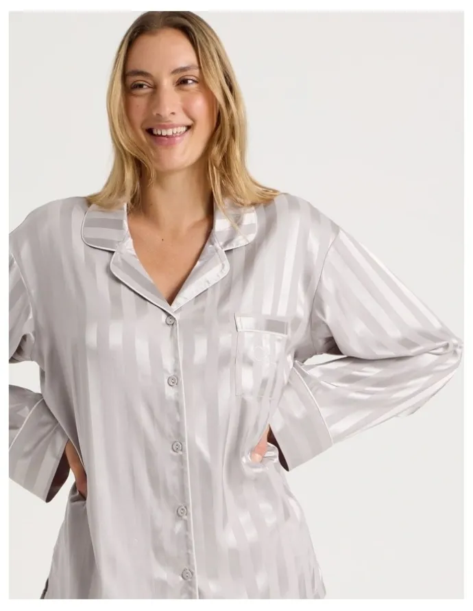 Chloe & Lola Luxe Satin Jacquard Stripe Long Sleeve Long PJ Set in Oyster