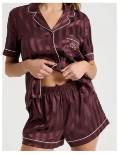 Chloe & Lola Luxe Satin Jacquard Stripe Short Sleeve Short PJ Set in Raisin Jacquard
